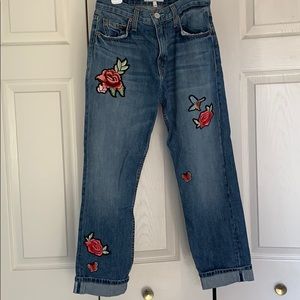 Joie Blue Cropped Jeans with Red Floral Embroidery